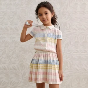 High-End Luxury Girls Cable Knit Polo Set Boutique Pastel Stripe Pleated Skirt Kids Preppy Style Two-Piece Outfits Cotton