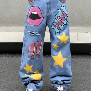 High Heavy Quality Jacquard Washed Jeans Vintage Straight leg Casual Pants Double Waist Hip hop Loose Trousers Boys Pants