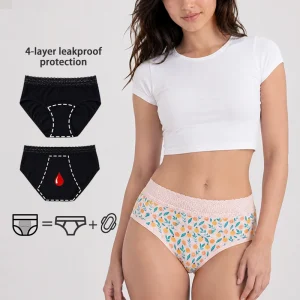 High Quality 4 way Stretch Cotton Teenage Girl US EU Lace Waistband Pad free Period Panties with 4 layer Leakproof Protection