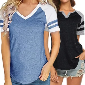 High Quality Baseball Tunic Tops Girls Short Sleeve Striped Color Block Blouses Tops Women v Neck Raglan Baseball T Shirt