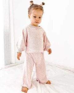 High Quality Casual Cute Knitted Jumper Trousers for Kids Pink Sweater Set for Girls 100% Cotton