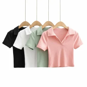 High Quality Cotton Polo T Shirts Blank Plain Screen Print Solid Color Tshirt Slim Fitted Custom Crop Top Polo Shirt for Women