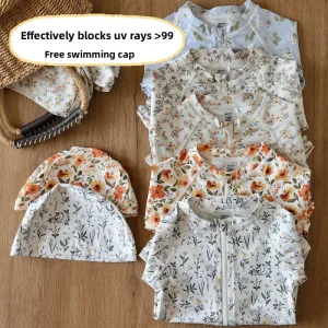 High Quality Elegant One-piece Floral Girls Swimwear with Skirt UV Protected Long Sleeve Swimsuit for Children Pool Training