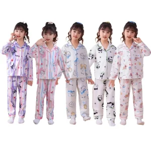 High Quality Kids Pajamas Girls Sleepwear with Cute Cartoon Short Sleeve Breathable Spring Pyjamas
