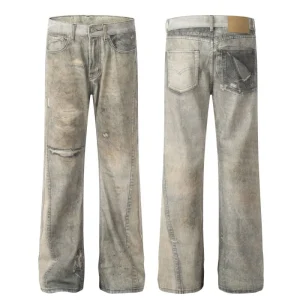 High Quality Loose Fit Straight Leg Denim Pants With Ripped High Street Vintage Washed Distressed Boys Jeans