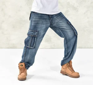 High Quality Plus Hip Hop Loose Fit Baggy Pants Multi pocket Boys Jeans Big Side Pockets Denim Cargo Pants Men