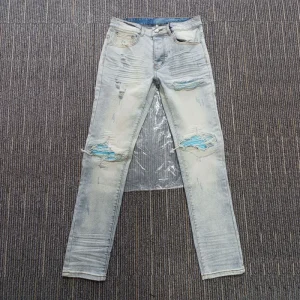 High Quality Size 28 Big Boys Jeans Leather Patch Street Wear Distressed Mens Skinny Jeans