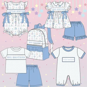 High Quality Smocked Kids Clothing Floral Printed Girl Outfits Puff Sleeves Big Sister Cute Spring Girls Sets
