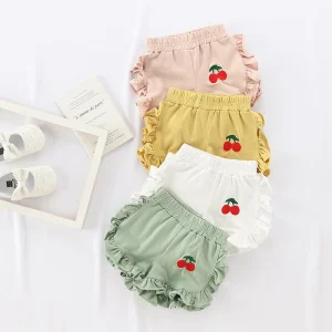 High Quality Summer Children Sweet Ruffle Kids Girl Shorts Sport Shorts with Embroidery