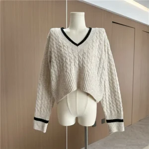 High Quality V Neck Cashmere Sweaters Girls Slim Tops Cable Knitted Street Wear Long Sleeve Cropped Striped Sweater Top Women