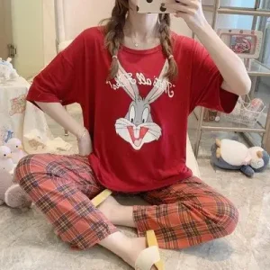 High Quality Women Lounge Wear Sets 2pcs Milk Silk Satin Nightwear Pajamas Cartoon Homewear Girls Sleepwears