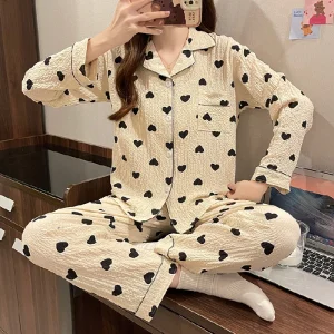 High Quality Young Girl Autumn Pajamas Set Women’s Nursing Sleepwear Elastic Waist Two Pieces Cotton Knitted