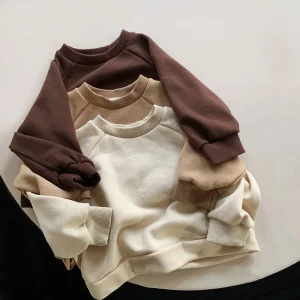 High Quantity BAGE 100% Cotton Girls Boys Autumn Eco Friendly Anti shrink Loose Crew Neck Solid Pullover Sweater T shirt
