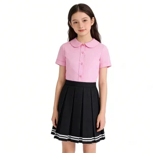 High School Student Girls School Uniform Wear Clothing Girls School Pink Blouse Short Sleeve Round Neck Button Blouse