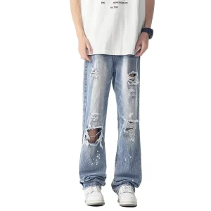 High Street Straight Ripped Jeans for Boys Loose Casual Denim Washed