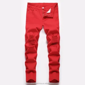 High Street Style Solid Washed Kids Jeans for Boys Straight Red Denim Ripped with Rivet
