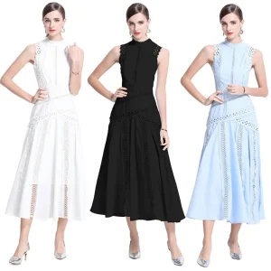 High-end O-neck Midi Dresses Sleeveless Summer Dresses Lace Hollow Out Vestidos Elegant Office Lady Women’s Dresses