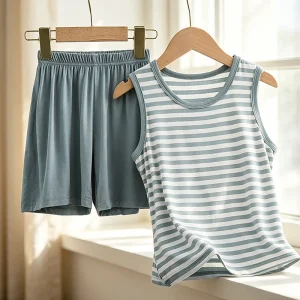 High quality Spliced Sleeveless Children’s Clothing Sets for Boys in Summer
