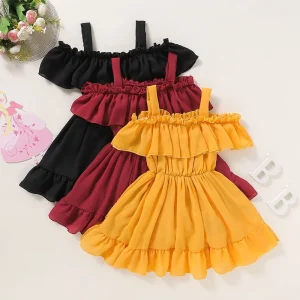 Hongbo Little Girl Cotton Dress Ruffle Trim Infant Girls Dress Plain Color Designer logo Off Shoulder Toddler Girls Dresses