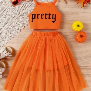 Hot Girl Outfit Kids Clothing Set Summer Clothes 5-14 Years Sleeveless Vest Mesh Skirts Two Pieces Clothing Sets