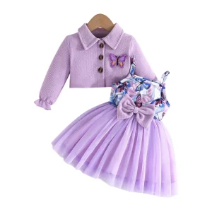 Hot Kid Girls Dress Waffle Long Sleeved Coats and Halter Pompadour Dresses Spring Butterfly Print Party Dress for Baby Girl