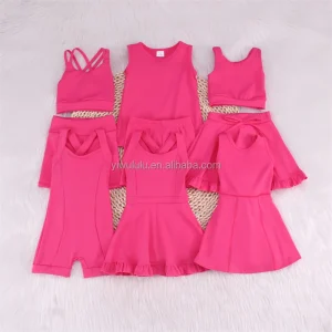 Hot Pink Color Girls Yoga Dress Children Summer Gym Sports Wear Clothing Girls Boutique Dress With Under Shorts