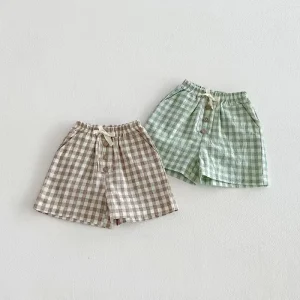 INS Style Children’s Plaid Shorts Summer Baby Boys and Girl Casual Mid-waist Rubber Belt Closure Thin Cotton Baby Shorts