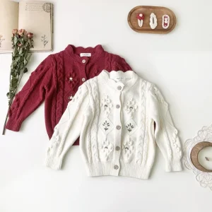 In Stock Autumn and Winter Cotton Girls Vintage Floral Embroidered Woolen Cardigan Thick Coat Children’s Sweater