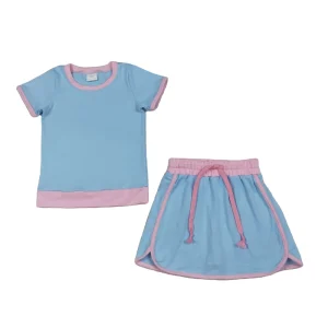In Stock New Casual Cotton Solid Color Little Girls T Shirt Skorts Skirt Shorts Liner 2 Piece Outfit Sister Kids Clothing Set