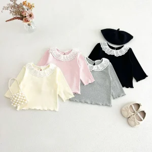 Infant Baby Girl Soft Ribbed Blouse with Lace Collar Button Back Closure and Ruffle Cuffs Casual Shirt