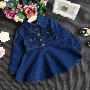 Infant Girls Spring Autumn Long Sleeve Denim One Piece Dress Casual Jeans Dress for Kids