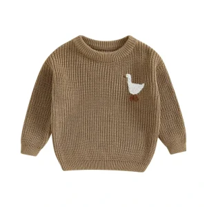 Infant Winter Clothes Casual Knit Sweater Rooster Goose Embroidery Crew Neck Long Sleeves Warm Wool Cotton for Boys Girls