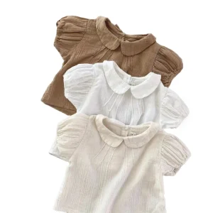 Ins Lapel Puff Sleeve Short Sleeve Baby Summer Little girl Style Clothes Casual Breathable Top