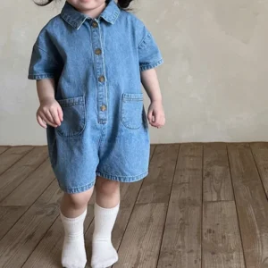 Ins Summer Korean Style Unisex Children’s Denim Jumpsuit Shorts Fashionable Casual One Piece Outfit Girls