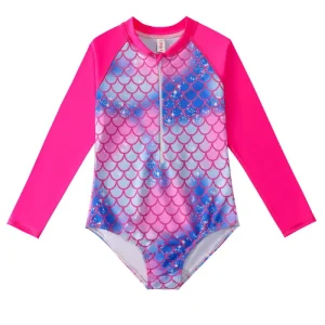 JL807 Floral Print Girls Summer Beachwear Spring Summer Swimsuit Zipper Long Sleeved Jumpsuits
