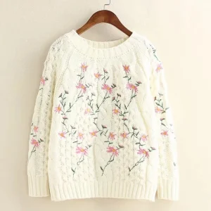 Japan Girl Loose Knit Pullover Crewneck Knitted Sweaters With logo Custom Flower Embroidery Sweater