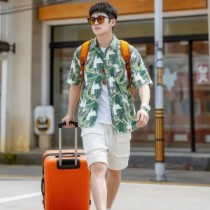 Japanese City Boy Style Beachwear with Leaf Pattern Printed All Over