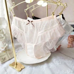 Japanese Style Low Rise Solid Lace Bikini Sexy Transparent Girls Hipster Panties Full Lace Ruffled Breathable Women’s Underwear