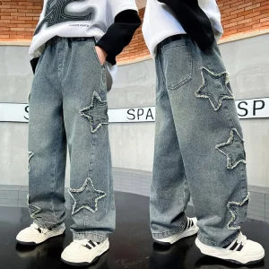 Jeans for Boys Cute Blue Stars Black Denim Trousers for Teenagers