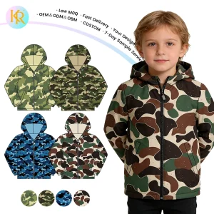 KERUI Spring Boys’ Jackets for Children Custom Printed Soft Zipper Vintage Camo Hooded Boys Coat Jacket