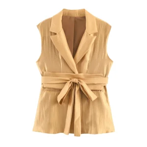 Khaki Color Notched Collar Sashes Casual Fashion Vest Waistcoat for Women