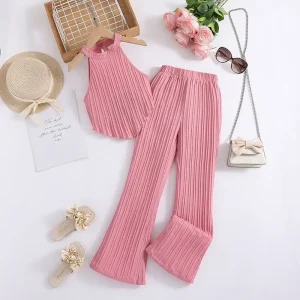 Kid Girls Clothing Sets 8-12y Sweet Solid Anti-Wrinkle Fashion Pink Polyester Sleeveless Blouse & Pants