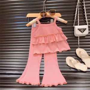 Kid Girls’ Summer Clothes Set Casual Girls’ Sleeveless Top & Solid Pants 2 Pieces Clothes Set
