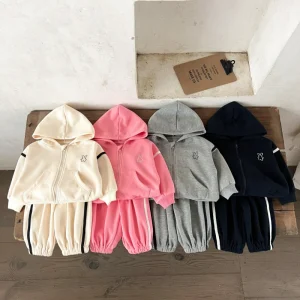 Kids 2Pcs Hoodie Tracksuit Soft Cotton Bunny Print Zip-up Hoodie Pants Set Casual Sports Outfit for Toddler Boys Girls