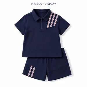 Kids 3 Stripe Polo Shorts Set Boys Summer Outfit Cotton Short Sleeve Zipper Collar Tee & Elastic Waist Sports Shorts 2Pcs Set