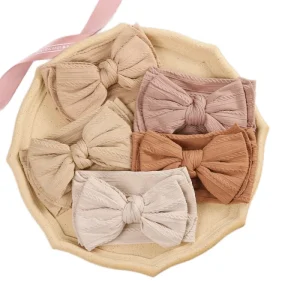 Kids Accessories Double Big Bow Cable Knit Elastic Nylon Baby Girls Headbands and Bows Sets
