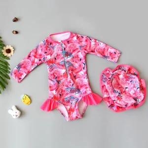 Kids Baby Girl Summer Swimwear Floral Print Backless Ruffles Long Sleeve Bodysuit Bathing Suit