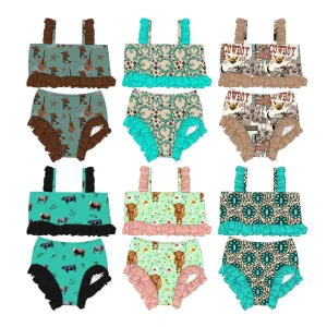 Kids Baby Girls Two Piece Bathing Set with Cute Solid Ruffles Kids Swimwear for Beach