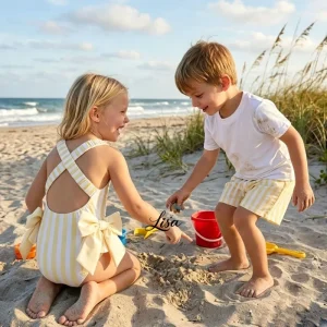 Kids Beach Wear Custom Yellow Striped Swimwear Girls One-Piece Side Bows Swimsuit and Matching Boys Swim Trunks