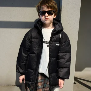 Kids Black Solid Zipper Breathable Windproof Hooded Puffer Jacket 0 12 Years Winter Warm Children’s Outerwear Boys Thickened